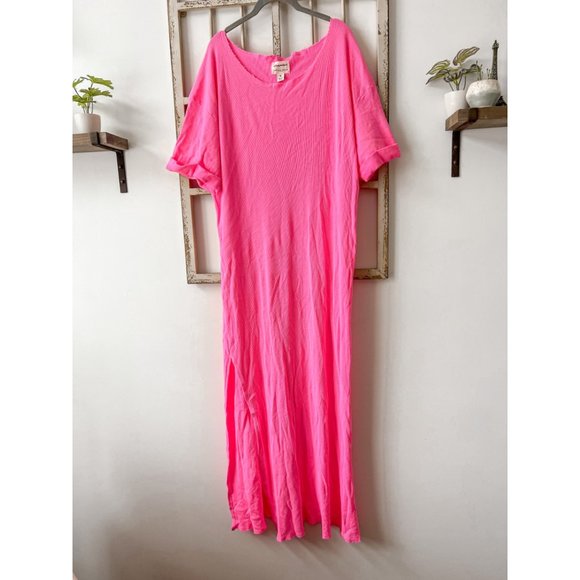 NEW Vintage Souls Free People Neon Pink Solid Vortex Maxi T-Shirt Dress - XL - Picture 2 of 7